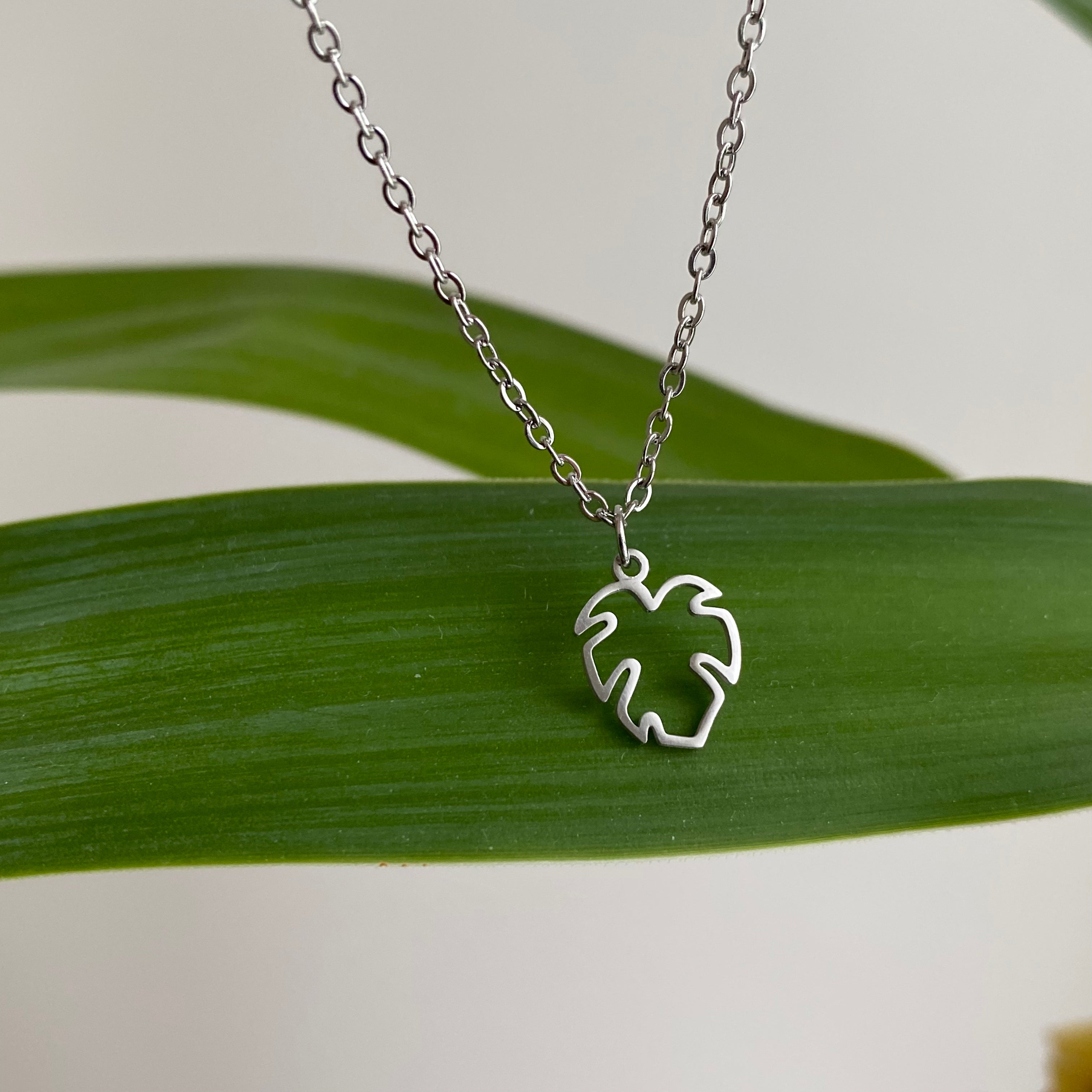 Silver Petite Hollow Tropical Palm Leaf Pendant Necklace