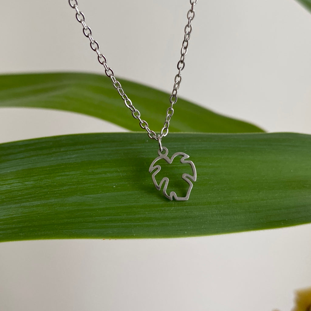 Silver Petite Hollow Tropical Palm Leaf Pendant Necklace