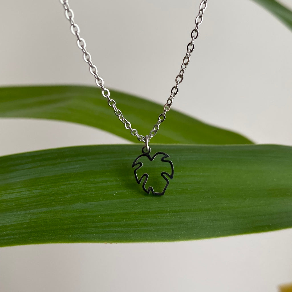 Silver Petite Hollow Tropical Palm Leaf Pendant Necklace
