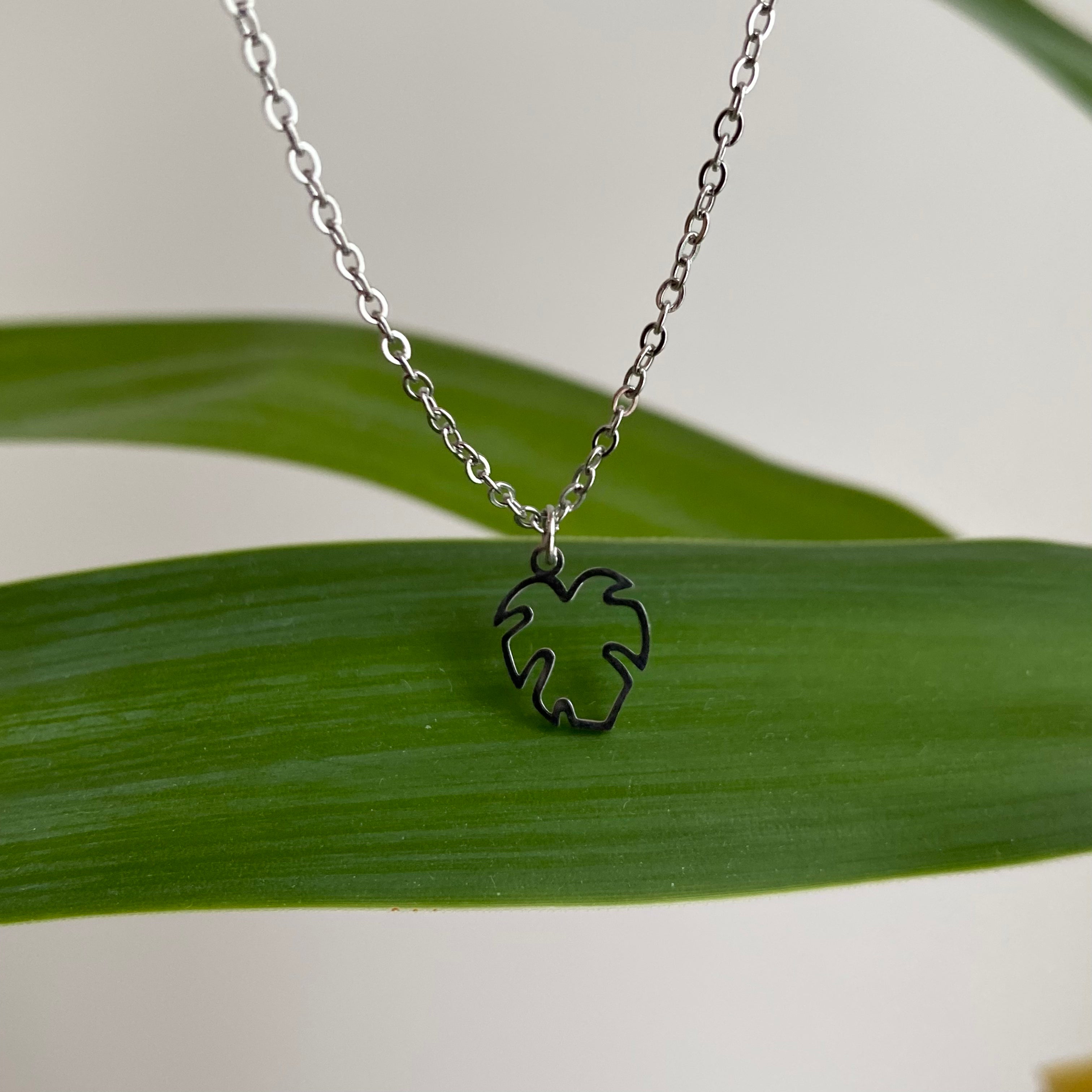 Silver Petite Hollow Tropical Palm Leaf Pendant Necklace