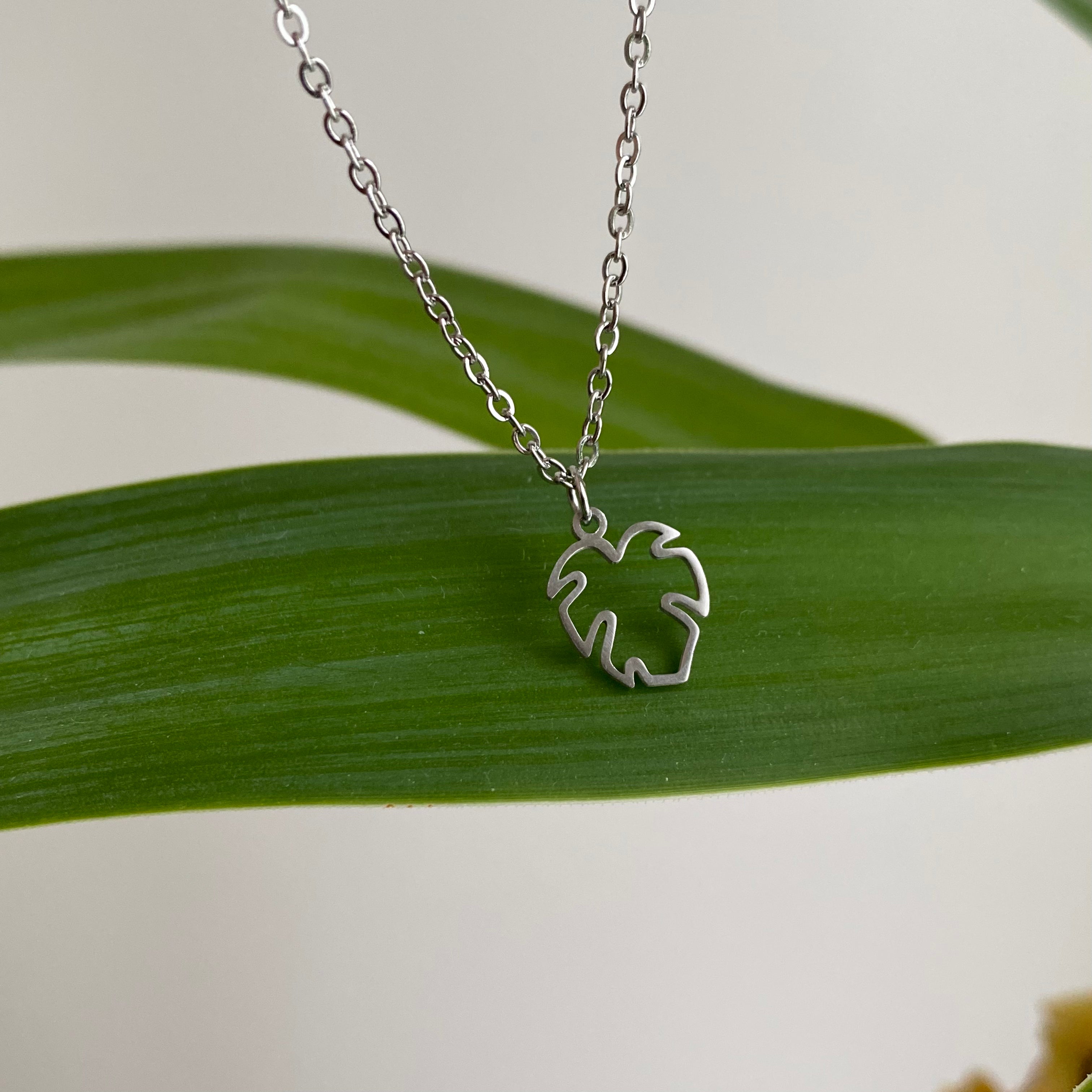 Silver Petite Hollow Tropical Palm Leaf Pendant Necklace