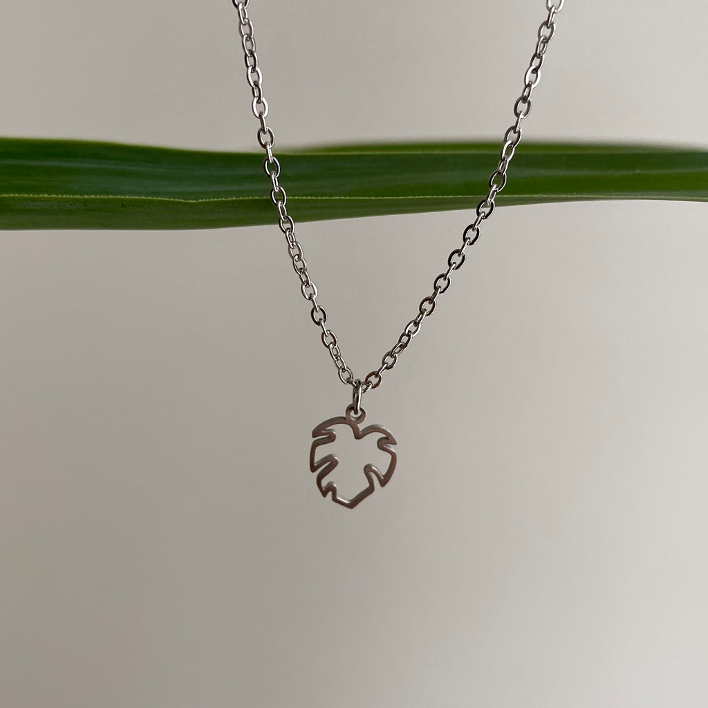 Silver Petite Hollow Tropical Palm Leaf Pendant Necklace
