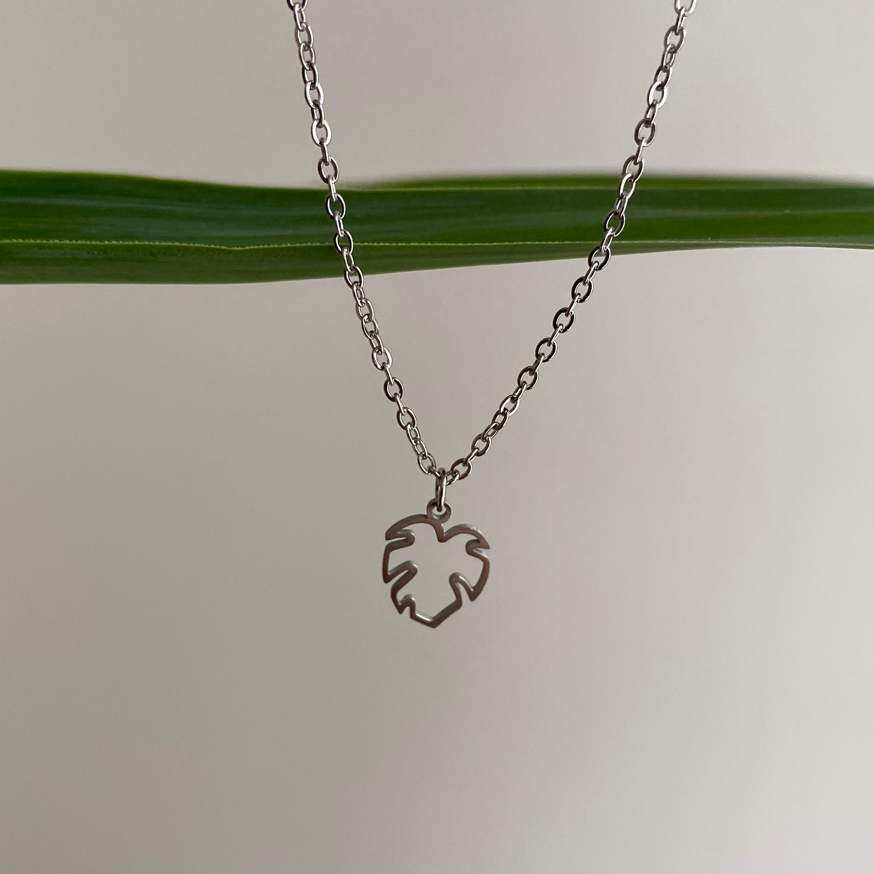 Silver Petite Hollow Tropical Palm Leaf Pendant Necklace