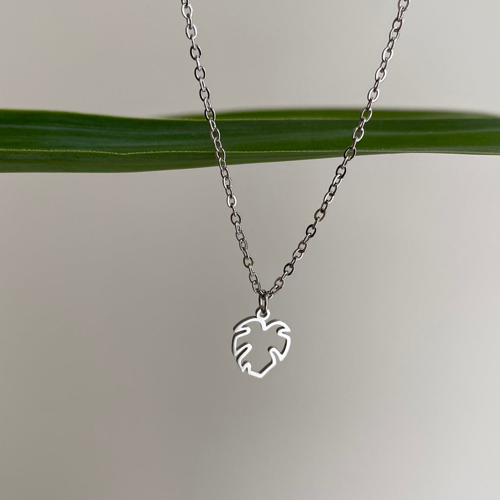 Silver Petite Hollow Tropical Palm Leaf Pendant Necklace