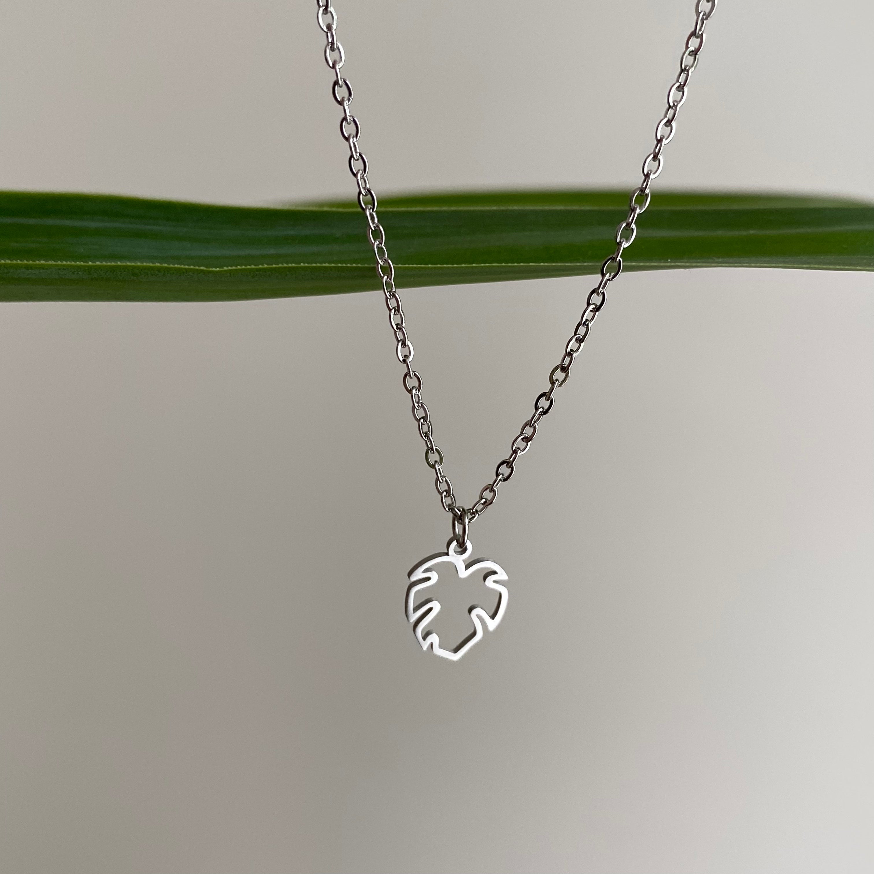 Silver Petite Hollow Tropical Palm Leaf Pendant Necklace