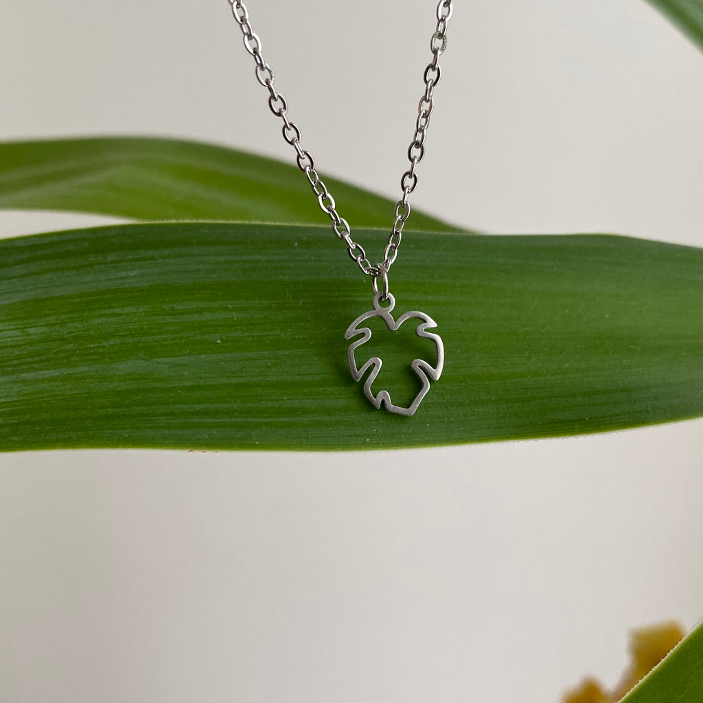 Silver Petite Hollow Tropical Palm Leaf Pendant Necklace