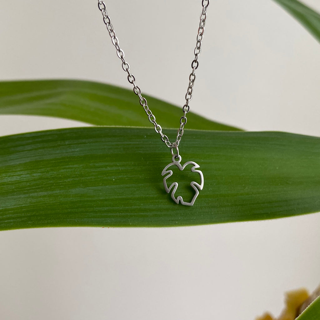 Silver Petite Hollow Tropical Palm Leaf Pendant Necklace