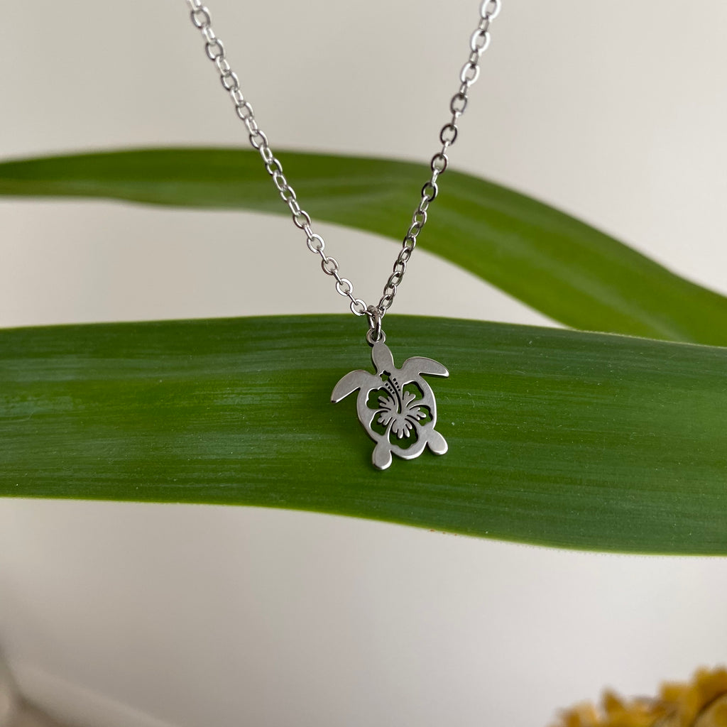Silver Hibiscus Turtle Pendant Necklace