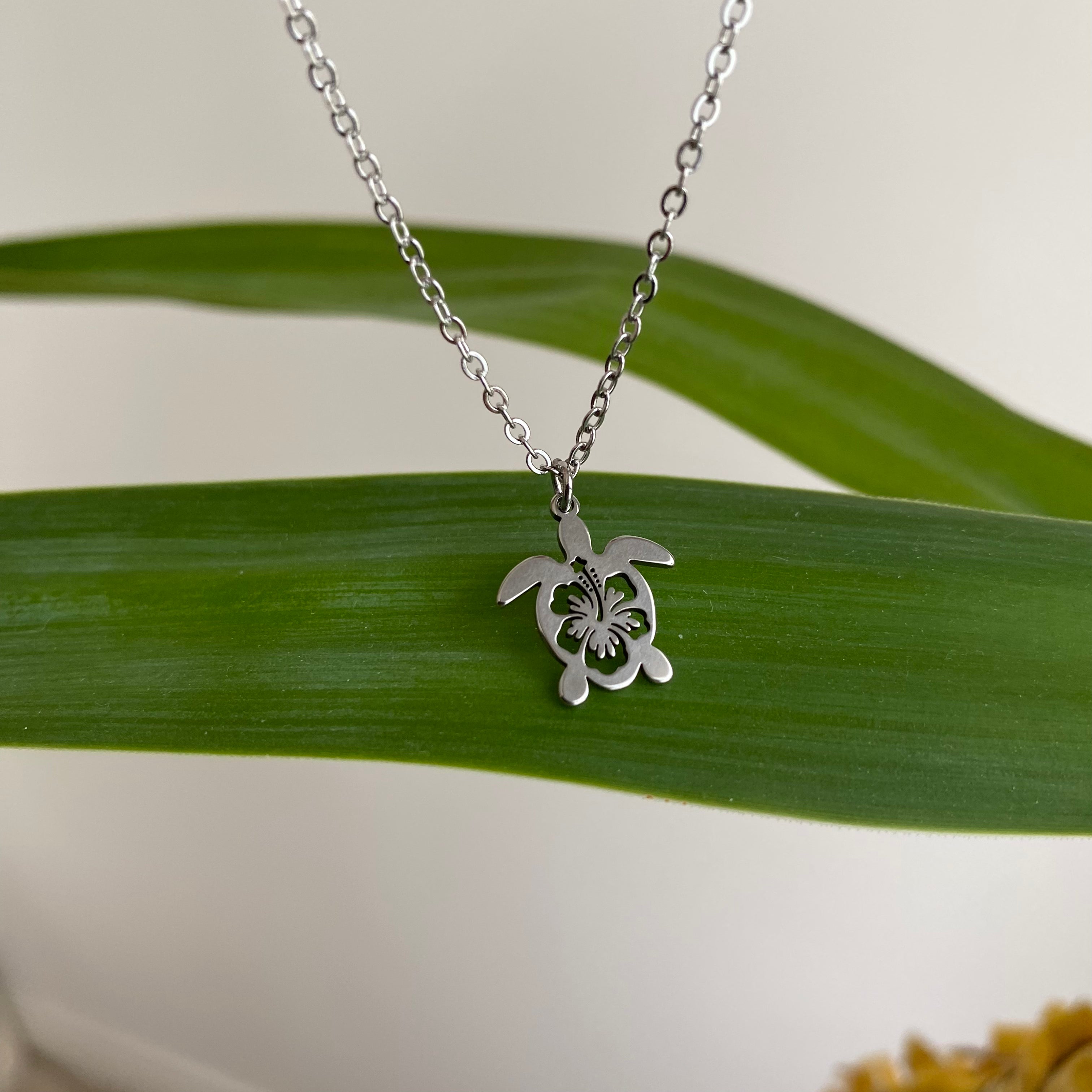 Silver Hibiscus Turtle Pendant Necklace