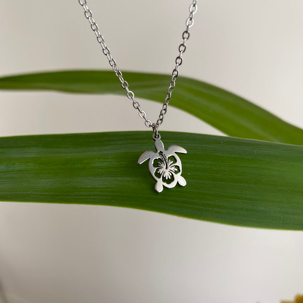 Silver Hibiscus Turtle Pendant Necklace