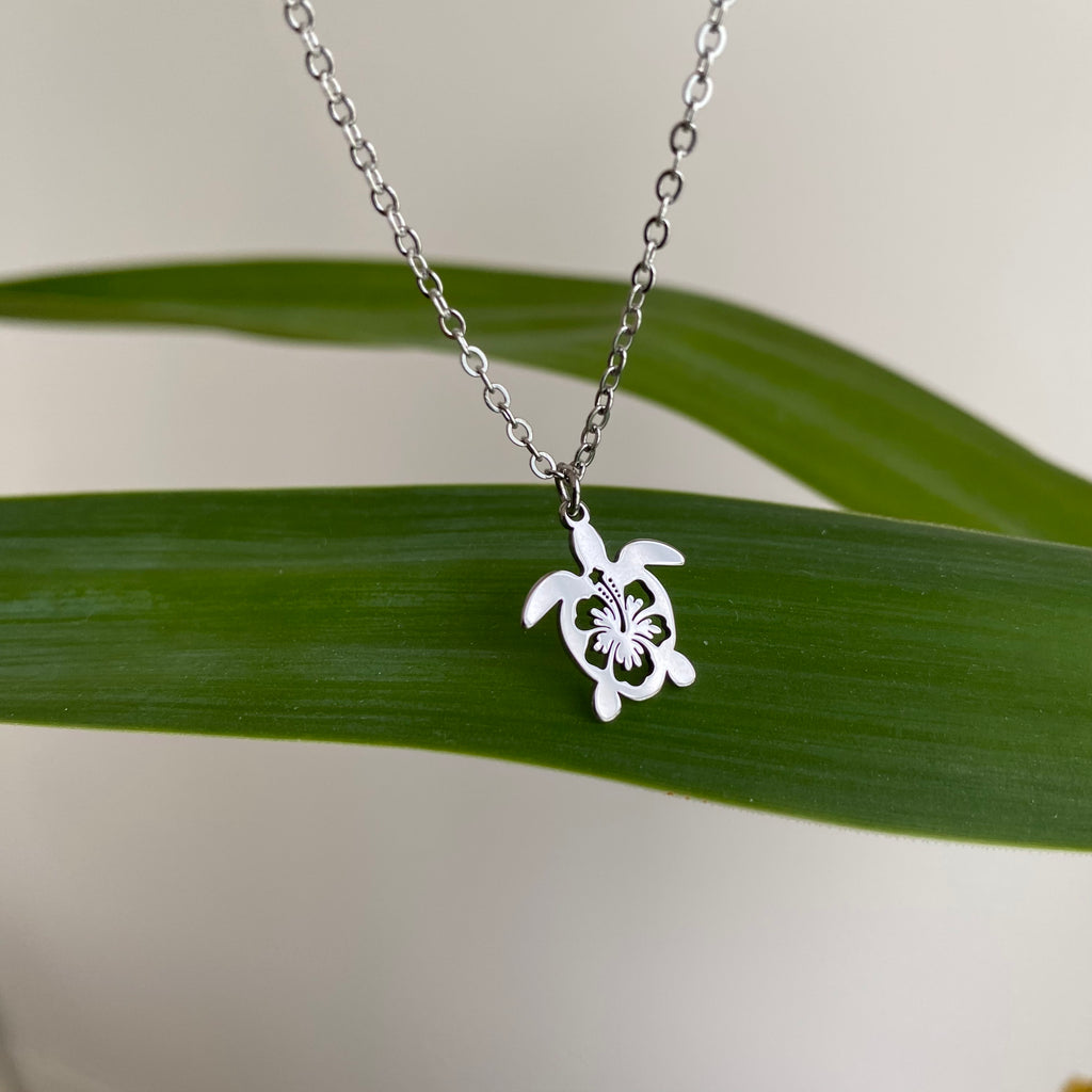 Silver Hibiscus Turtle Pendant Necklace
