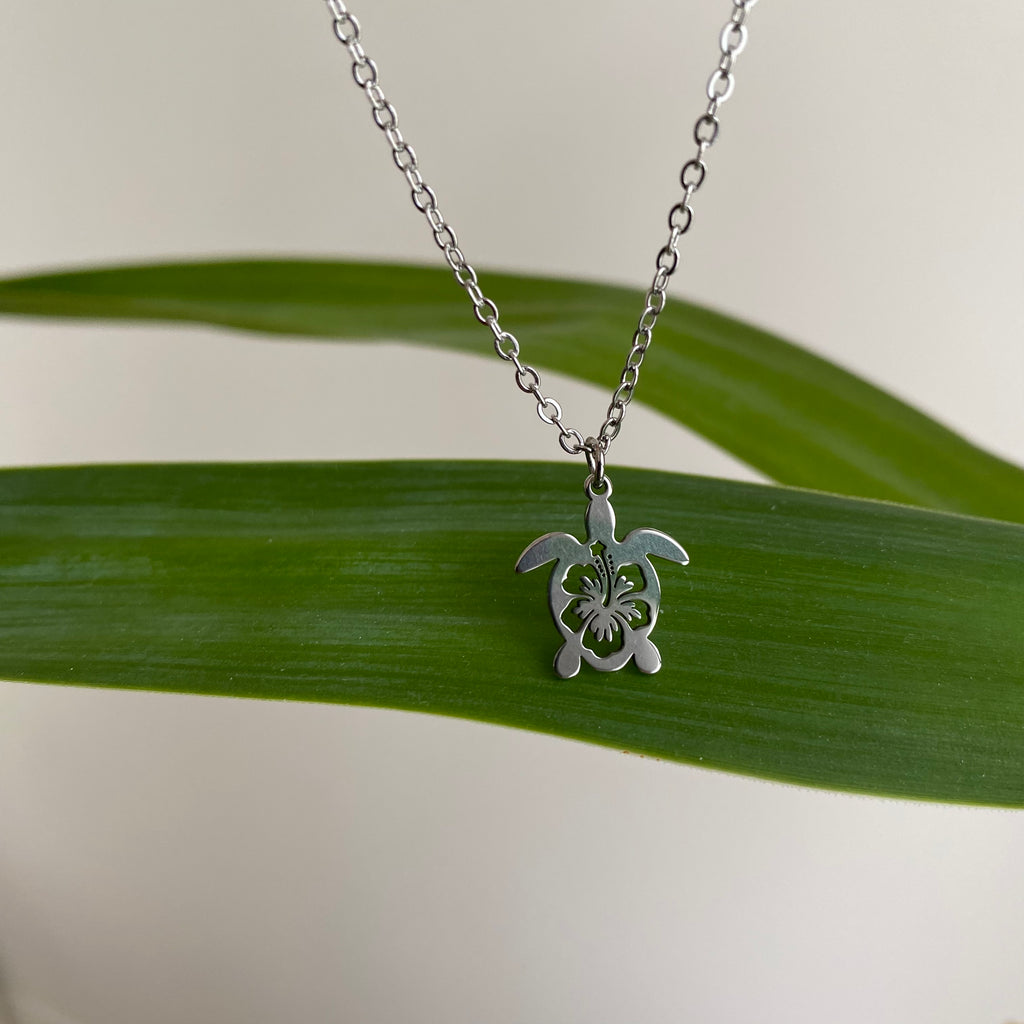 Silver Hibiscus Turtle Pendant Necklace