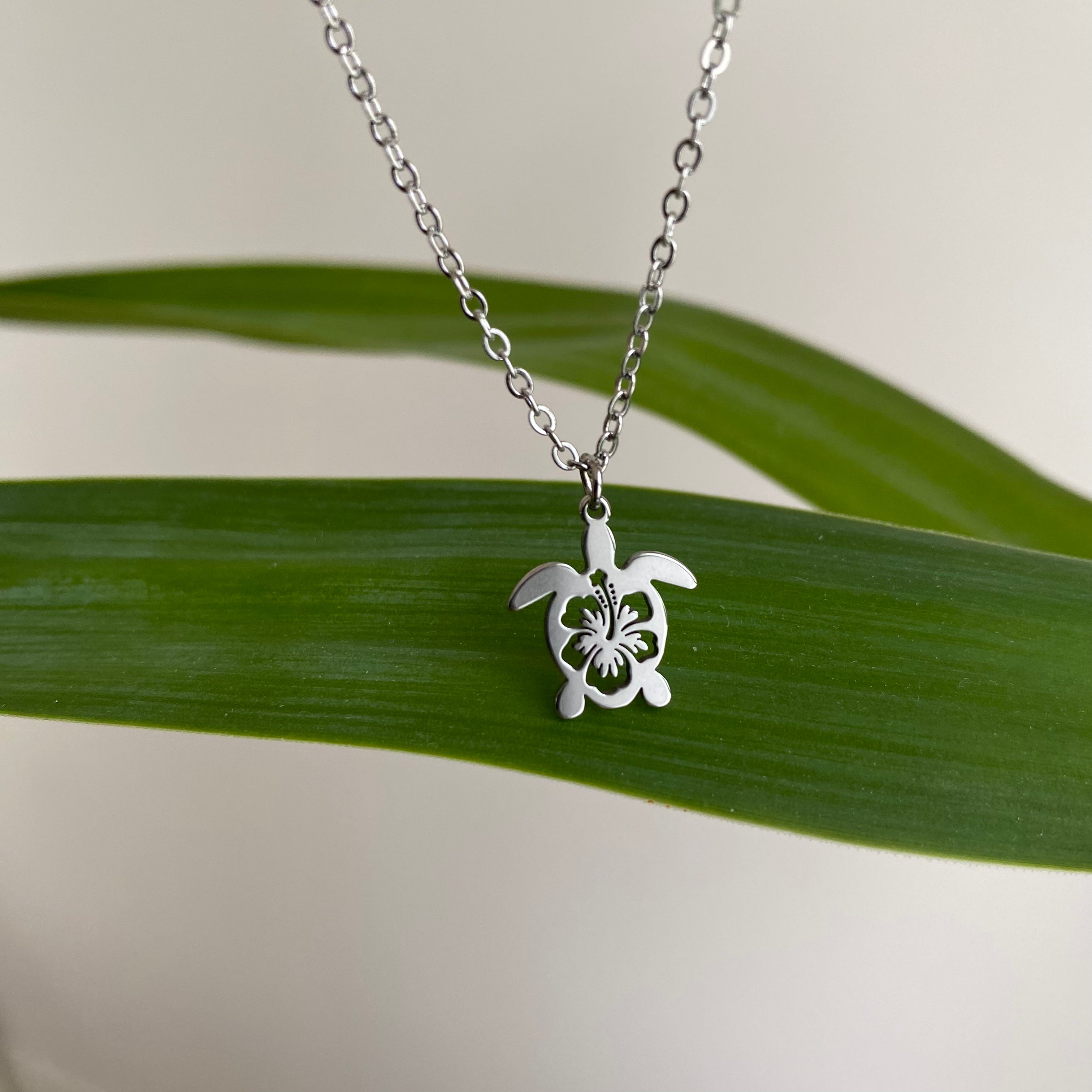 Silver Hibiscus Turtle Pendant Necklace