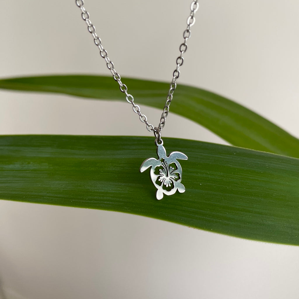 Silver Hibiscus Turtle Pendant Necklace