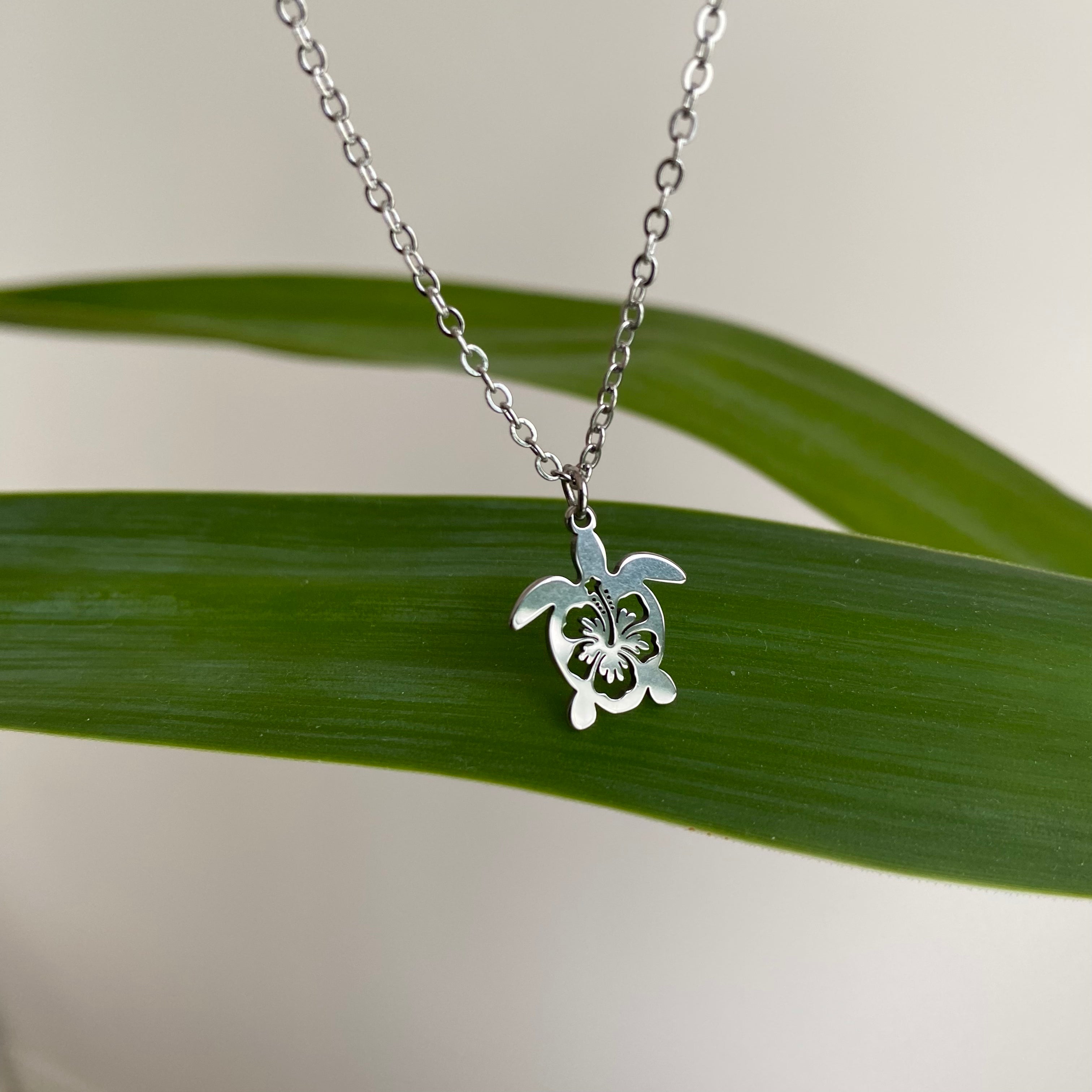 Silver Hibiscus Turtle Pendant Necklace