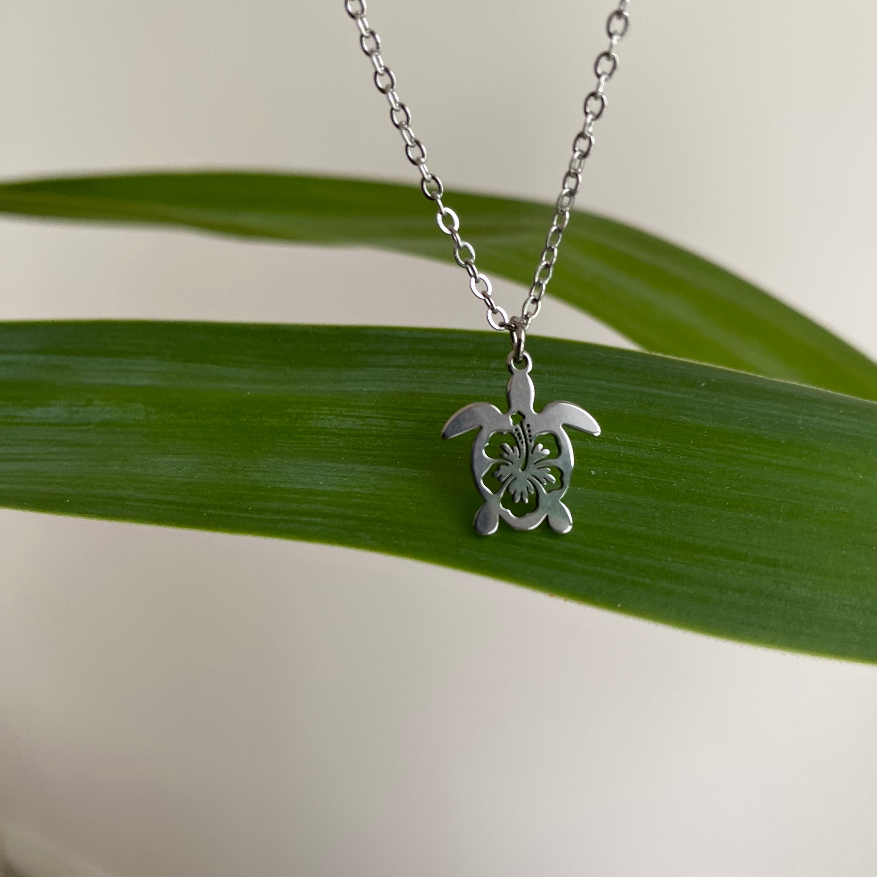 Silver Hibiscus Turtle Pendant Necklace