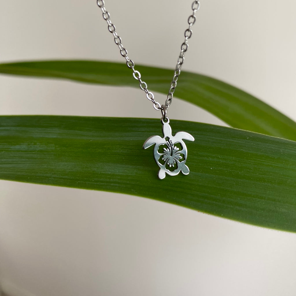 Silver Hibiscus Turtle Pendant Necklace