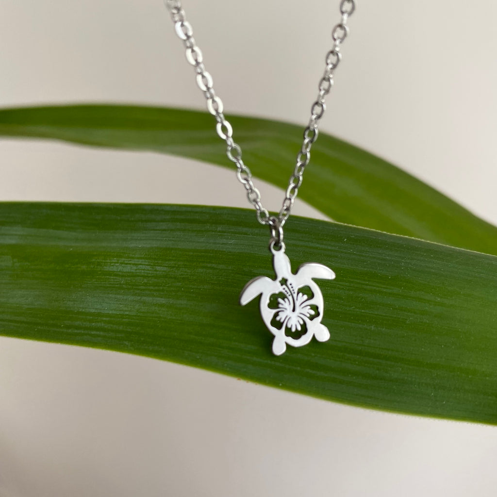 Silver Hibiscus Turtle Pendant Necklace
