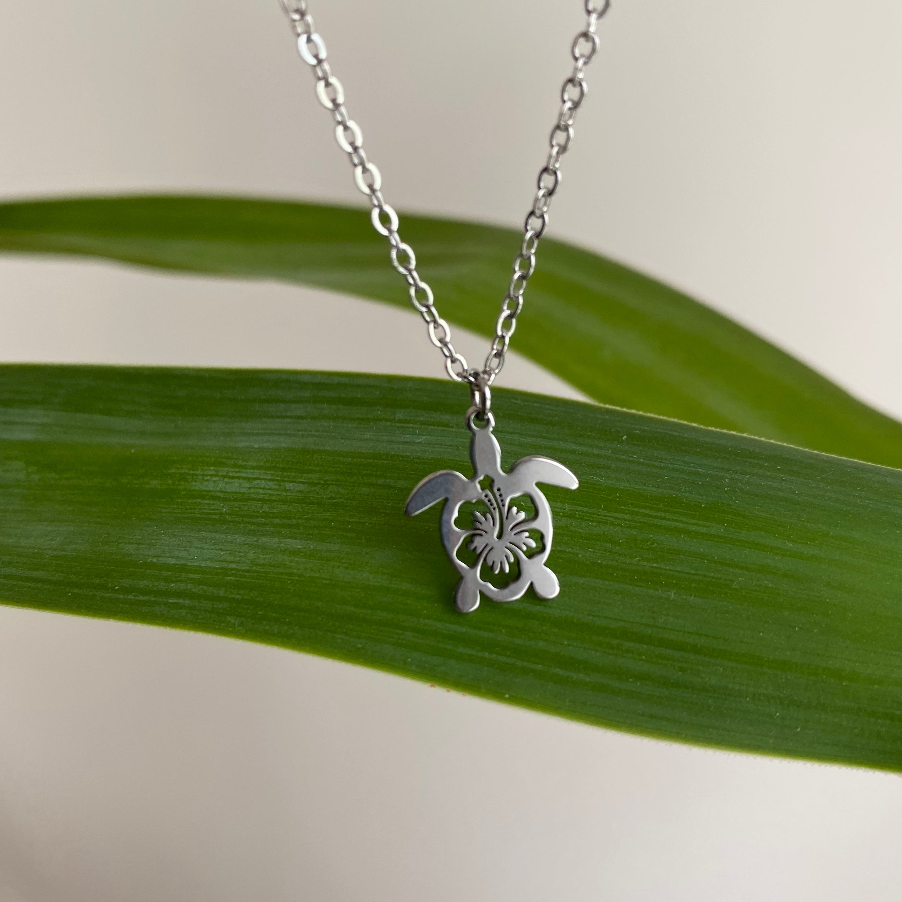 Silver Hibiscus Turtle Pendant Necklace