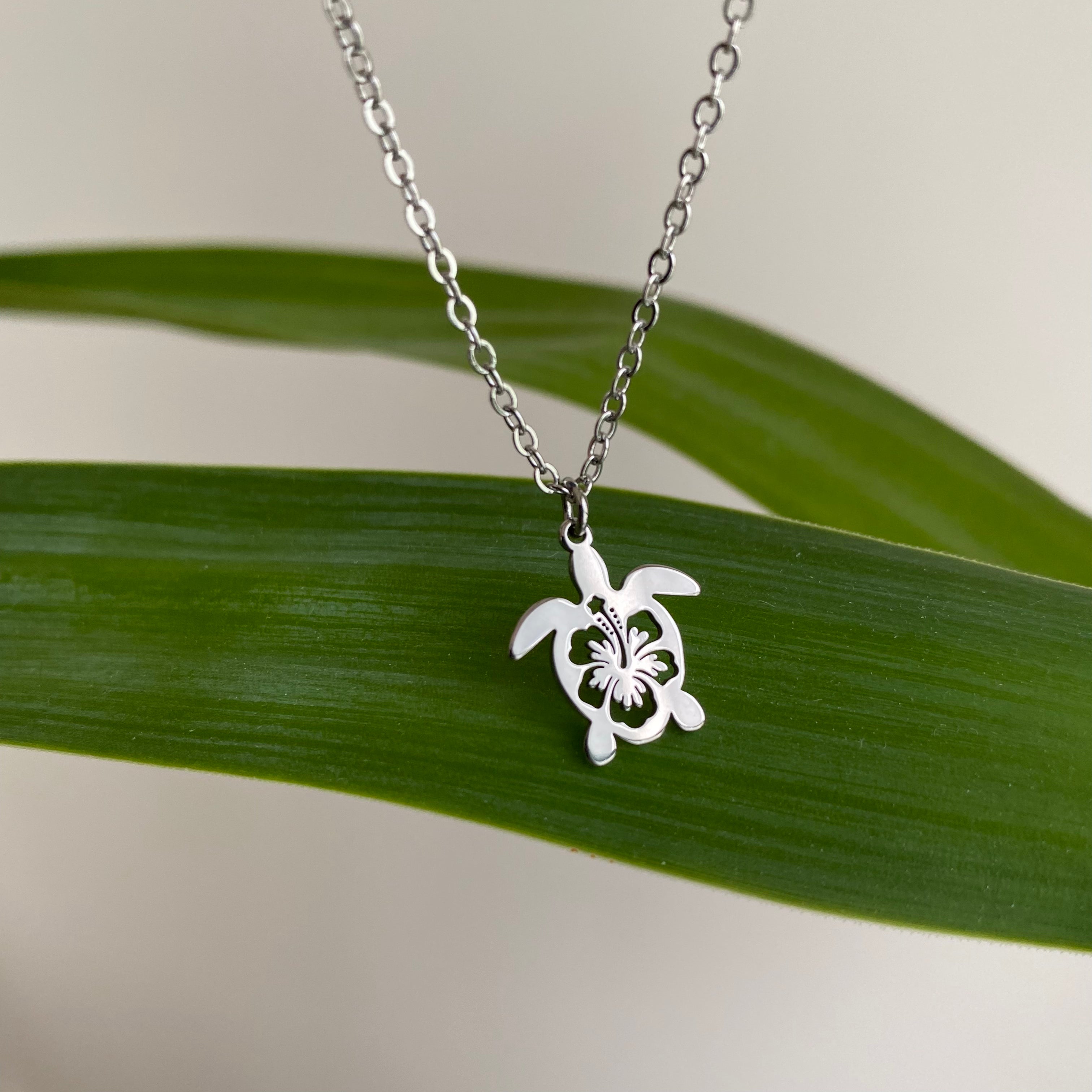 Silver Hibiscus Turtle Pendant Necklace
