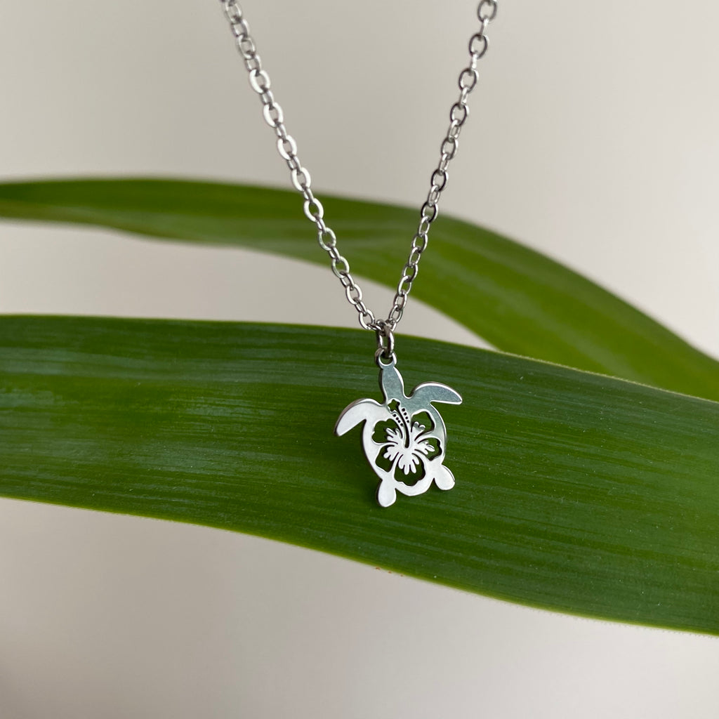 Silver Hibiscus Turtle Pendant Necklace