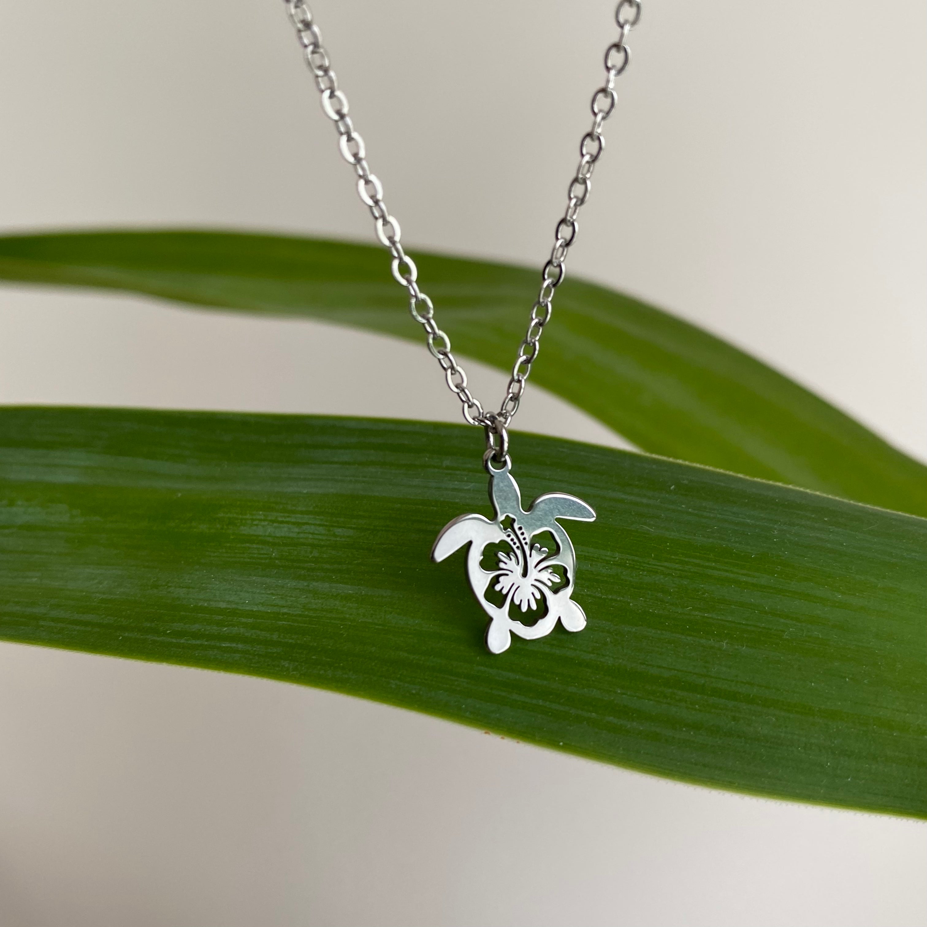 Silver Hibiscus Turtle Pendant Necklace