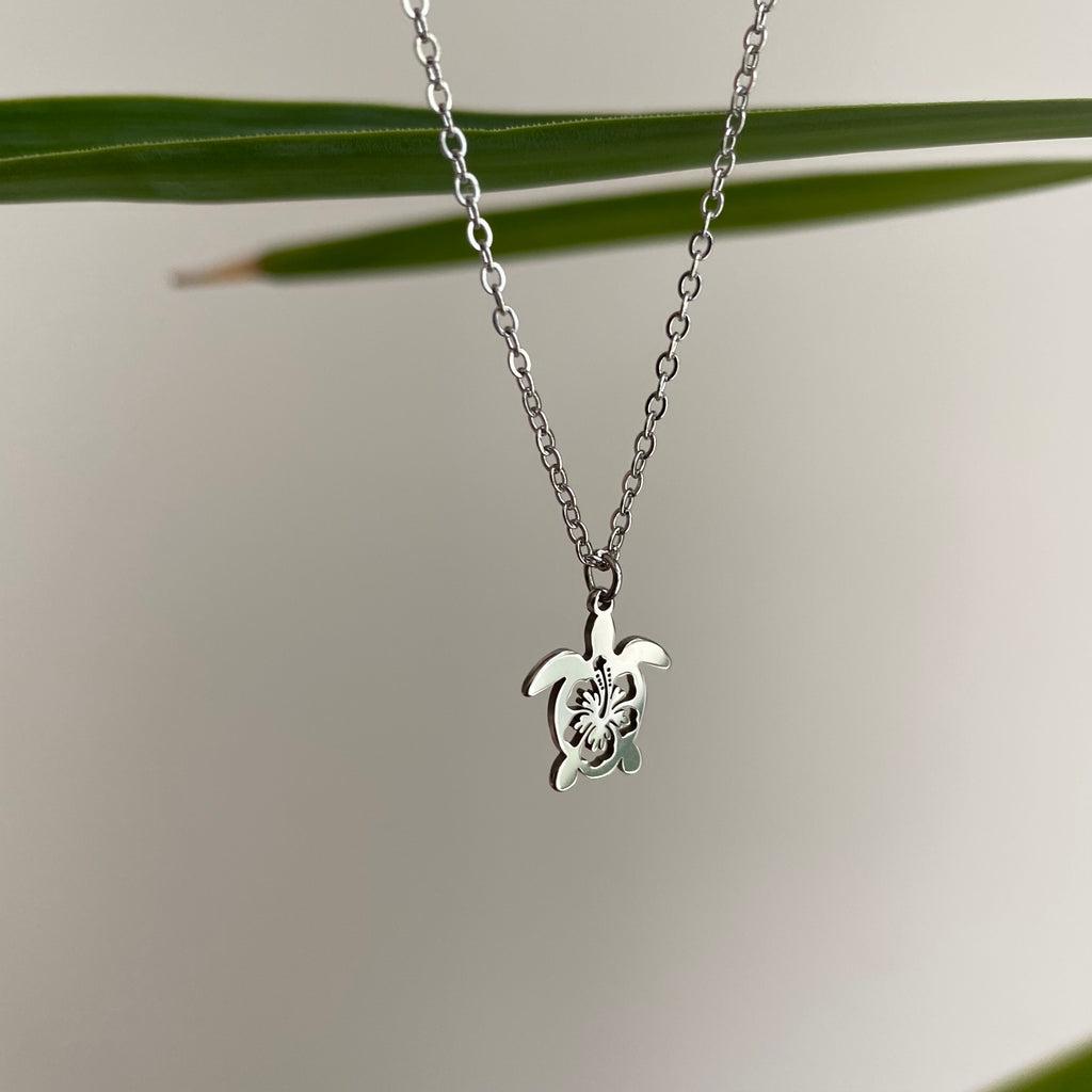 Silver Hibiscus Turtle Pendant Necklace