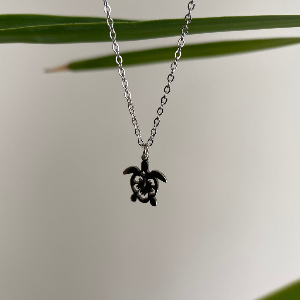Silver Hibiscus Turtle Pendant Necklace