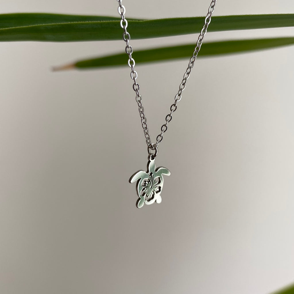 Silver Hibiscus Turtle Pendant Necklace