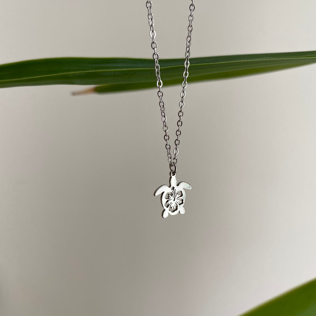 Silver Hibiscus Turtle Pendant Necklace
