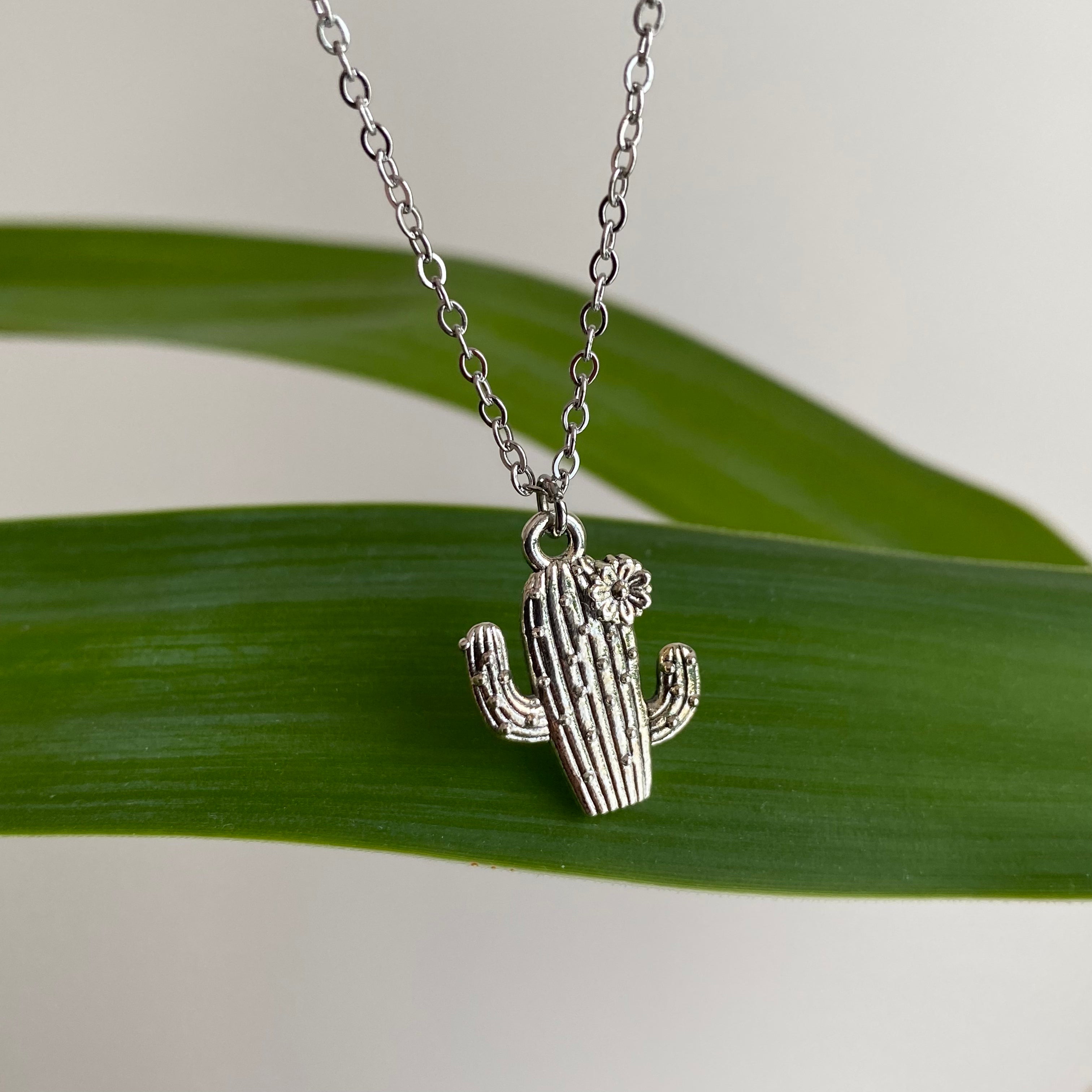 Silver Flowering Cactus Pendant Necklace