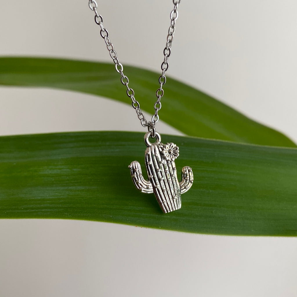 Silver Flowering Cactus Pendant Necklace