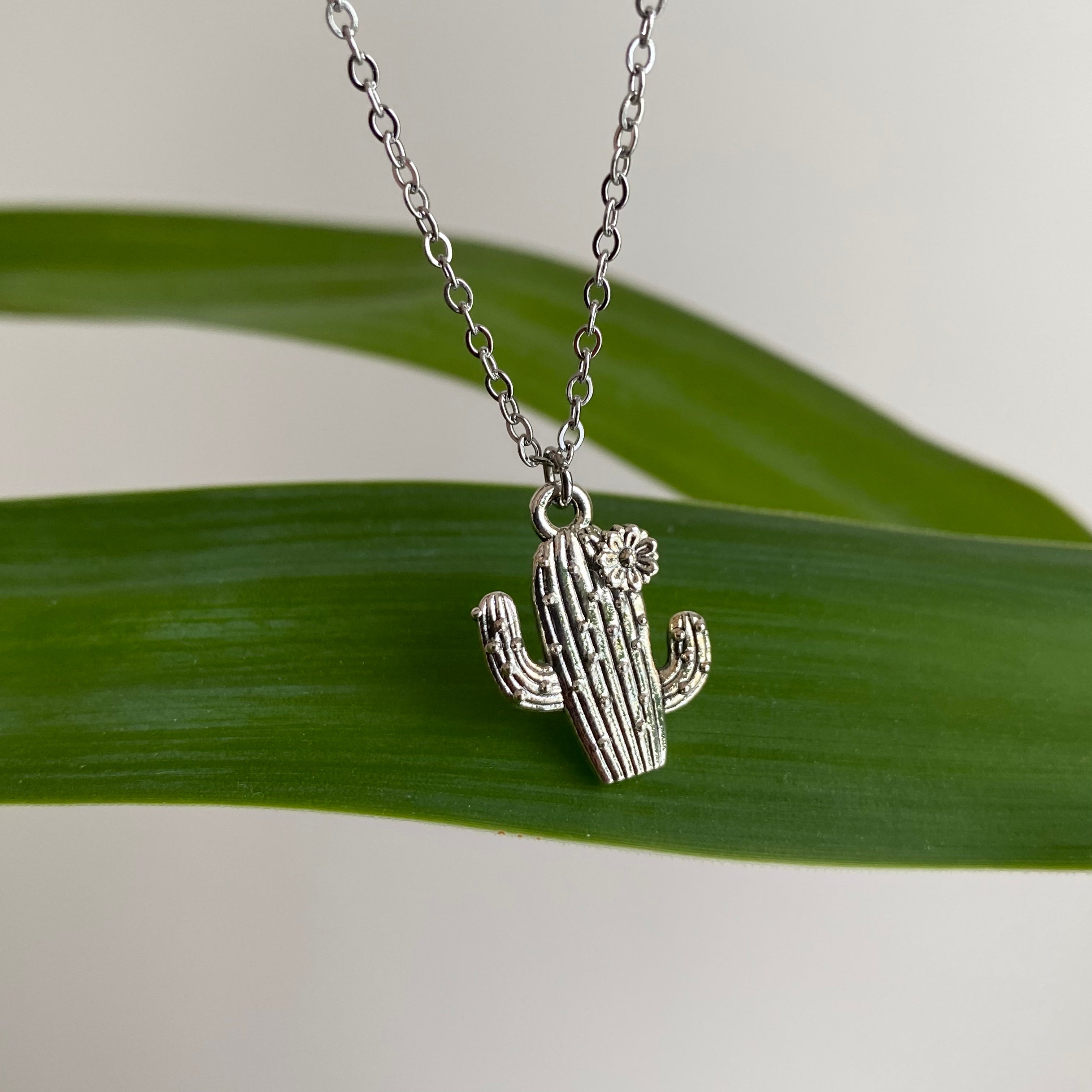 Silver Flowering Cactus Pendant Necklace