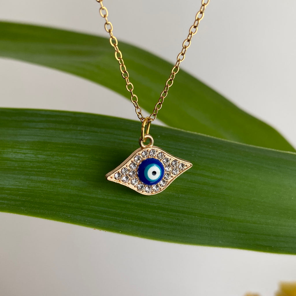 Gold Sparkle Evil Eye of Protection Pendant Necklace