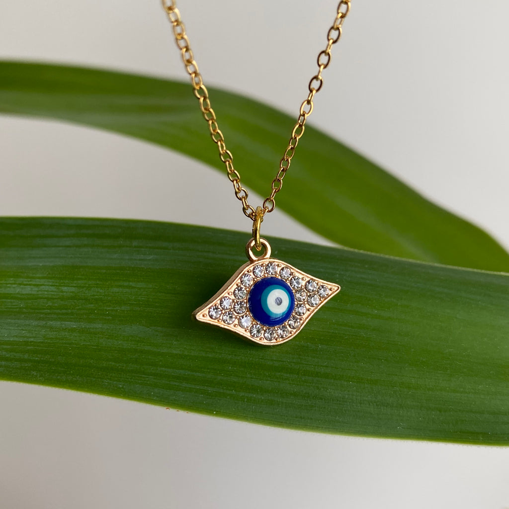 Gold Sparkle Evil Eye of Protection Pendant Necklace