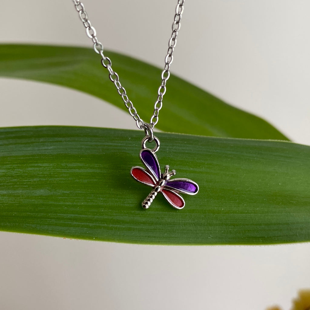 Silver Purple Dragonfly Pendant Necklace