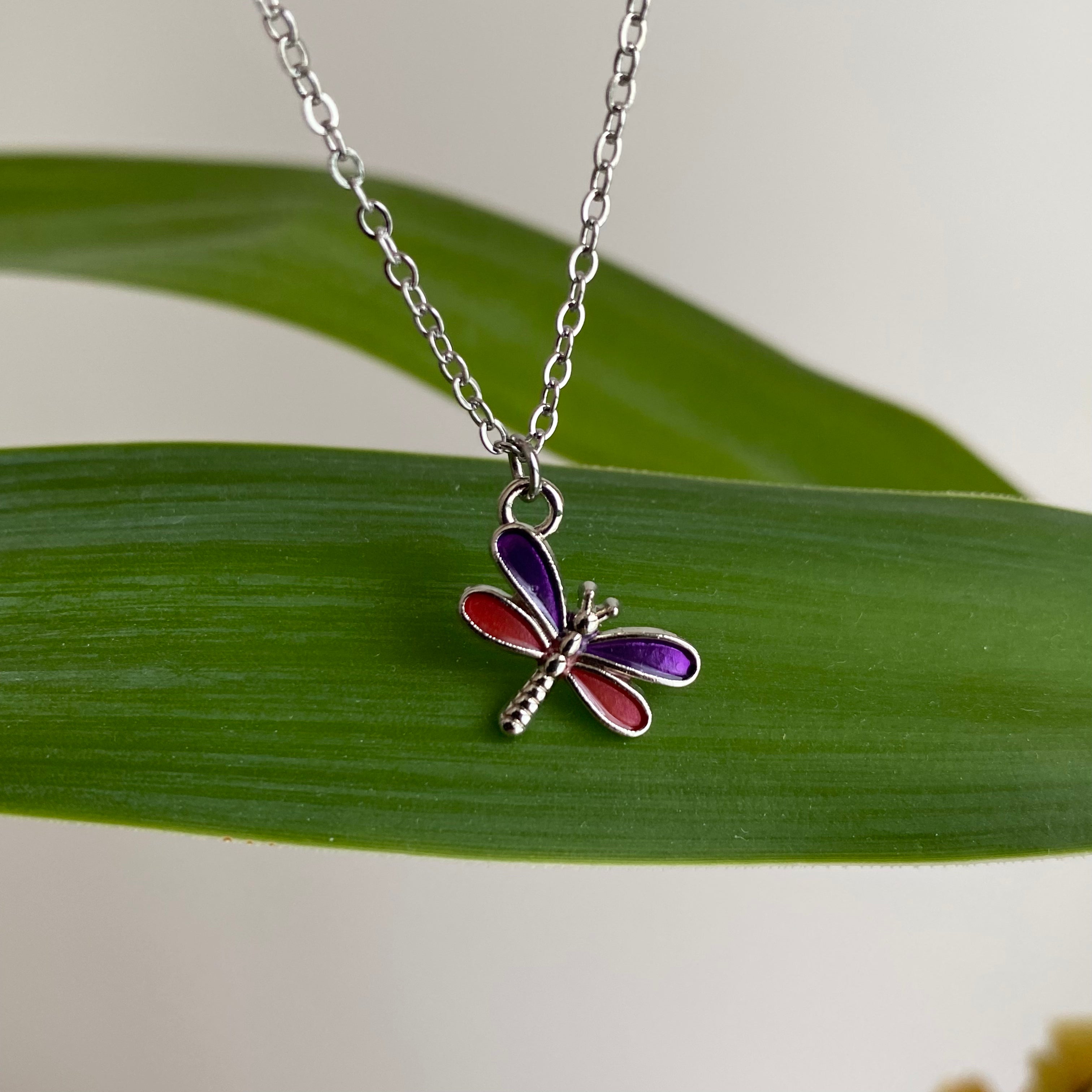 Silver Purple Dragonfly Pendant Necklace
