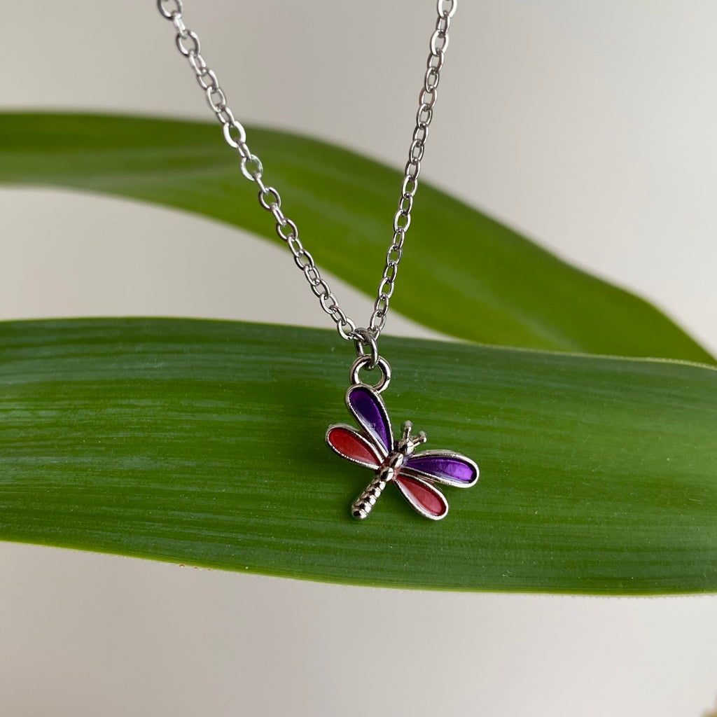 Silver Purple Dragonfly Pendant Necklace
