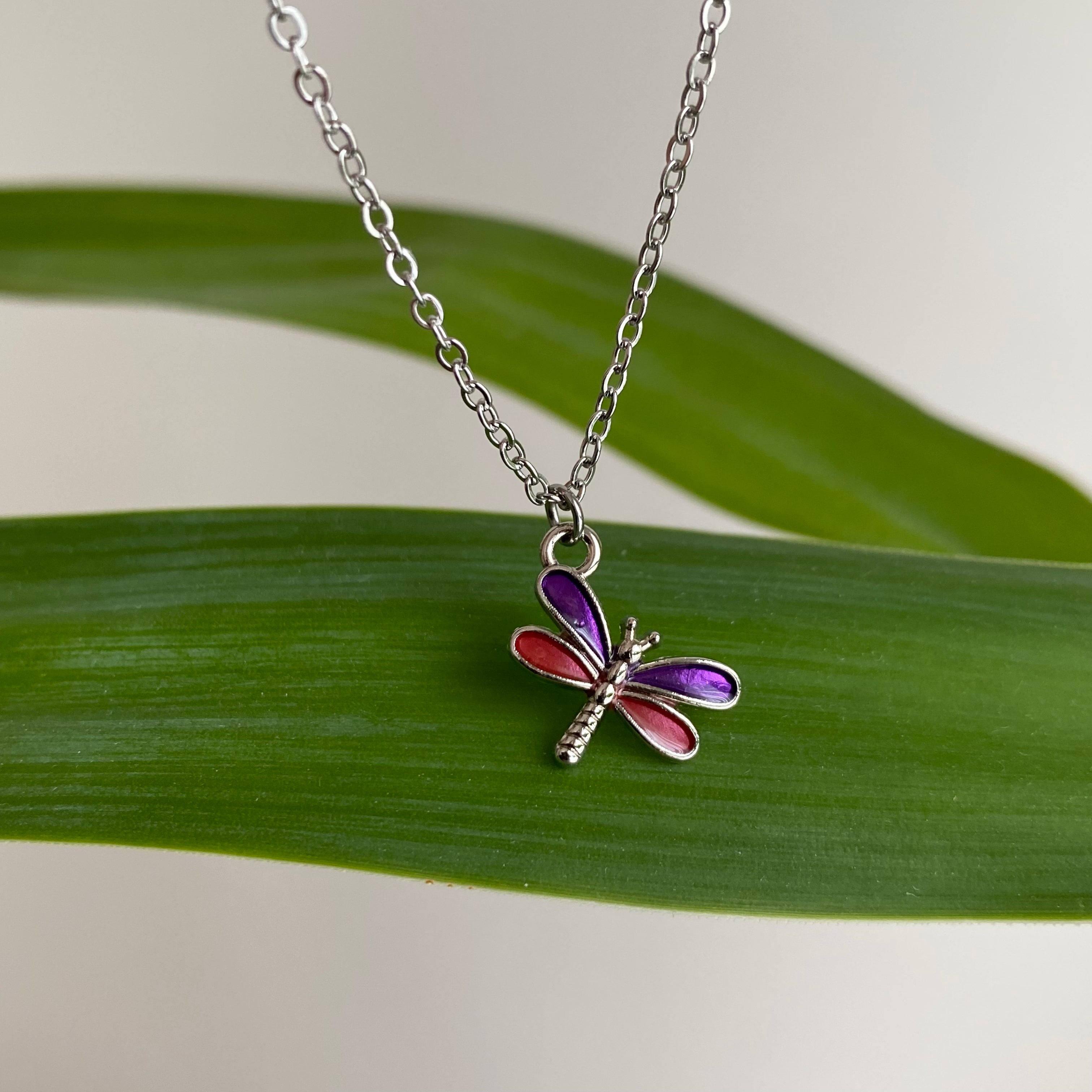 Silver Purple Dragonfly Pendant Necklace