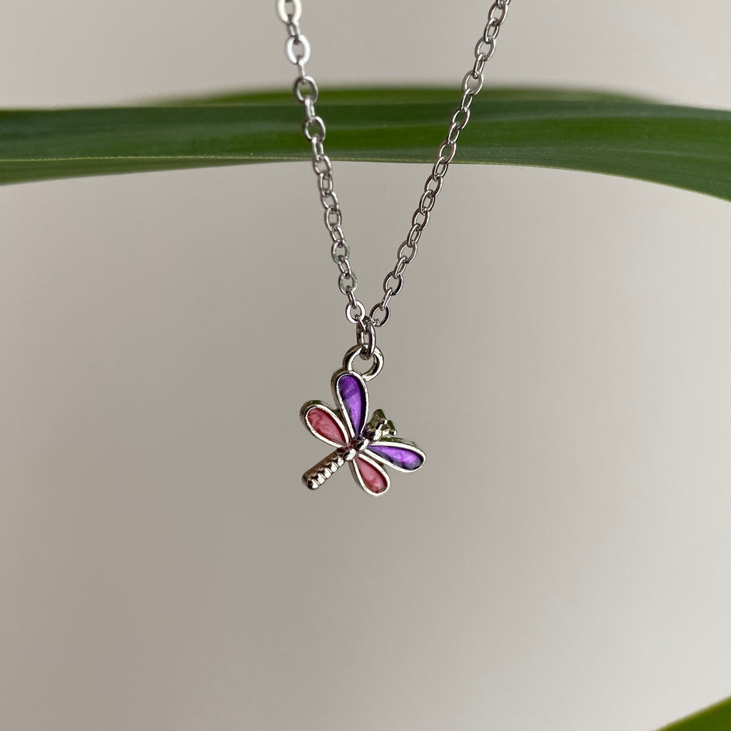 Silver Purple Dragonfly Pendant Necklace