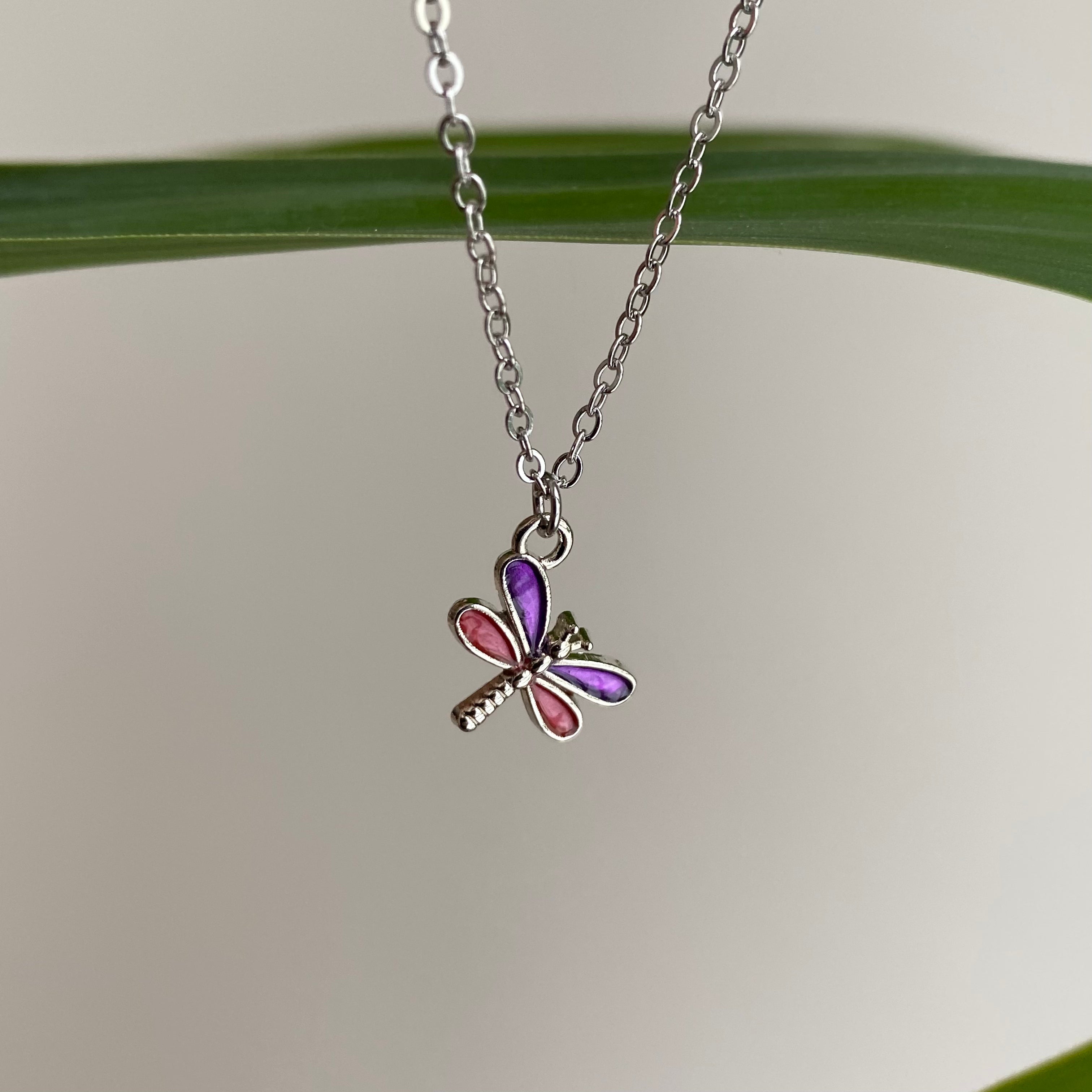Silver Purple Dragonfly Pendant Necklace