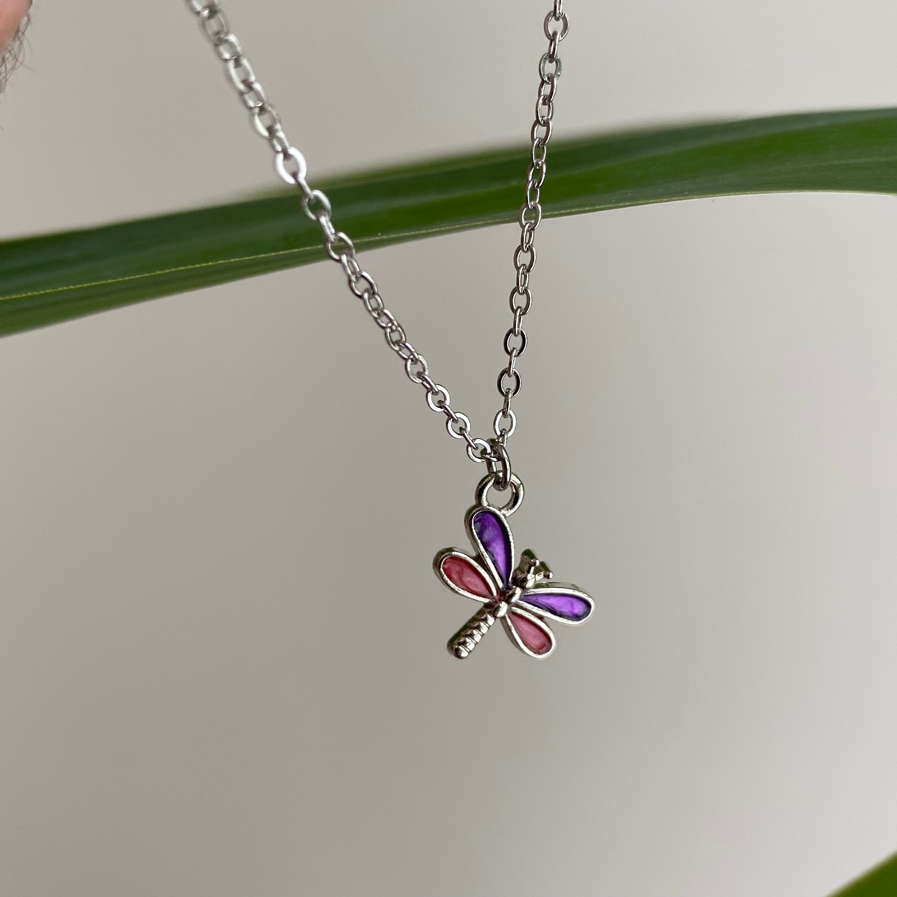 Silver Purple Dragonfly Pendant Necklace