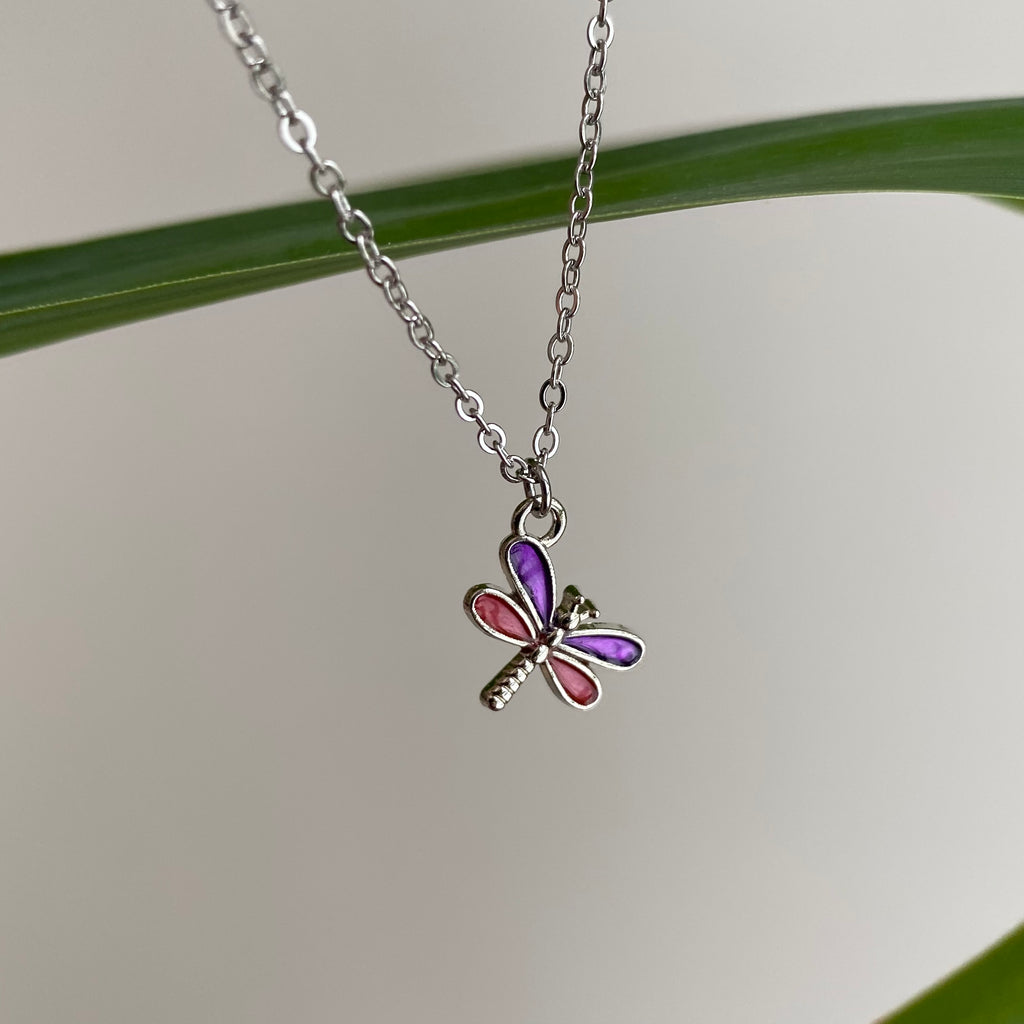 Silver Purple Dragonfly Pendant Necklace