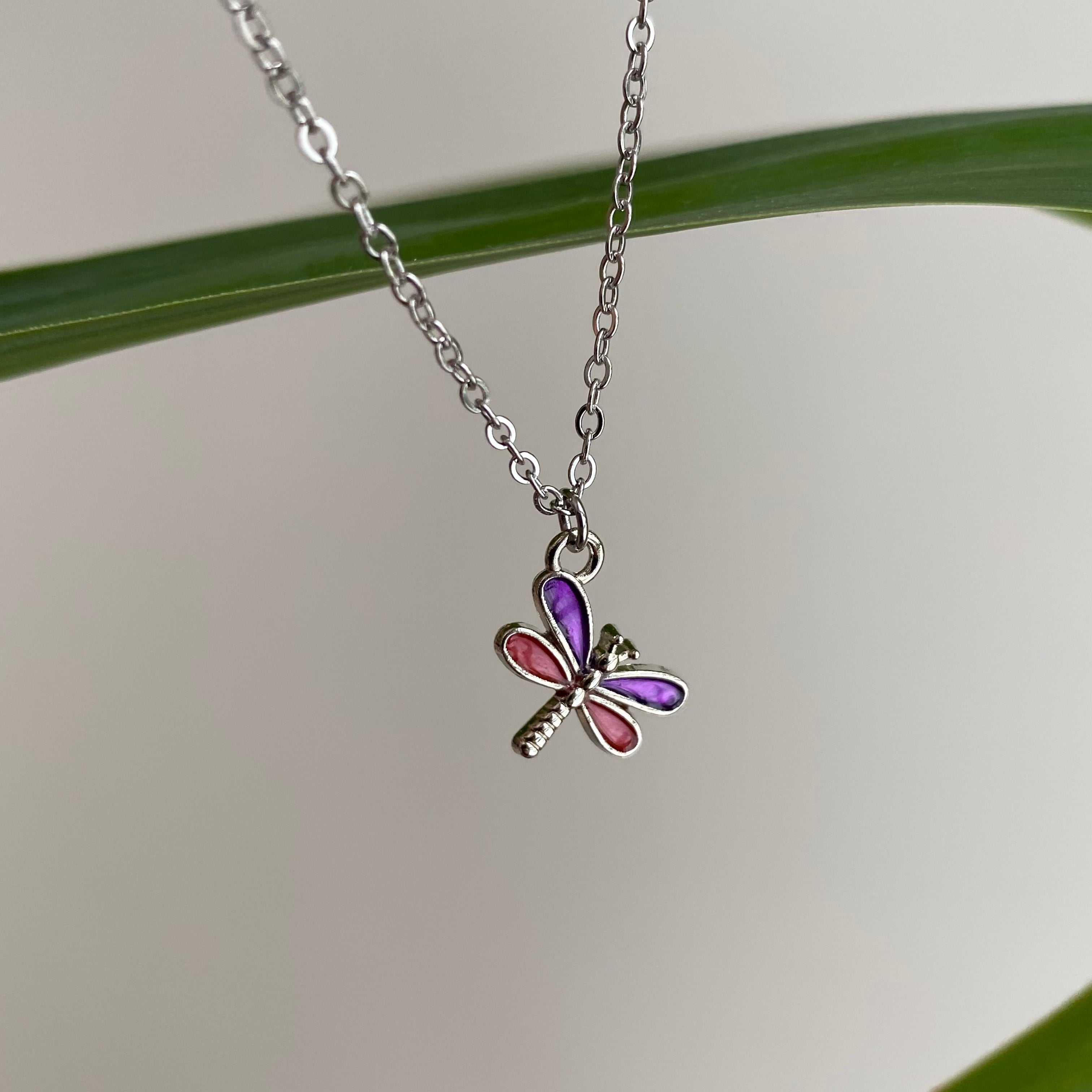 Silver Purple Dragonfly Pendant Necklace