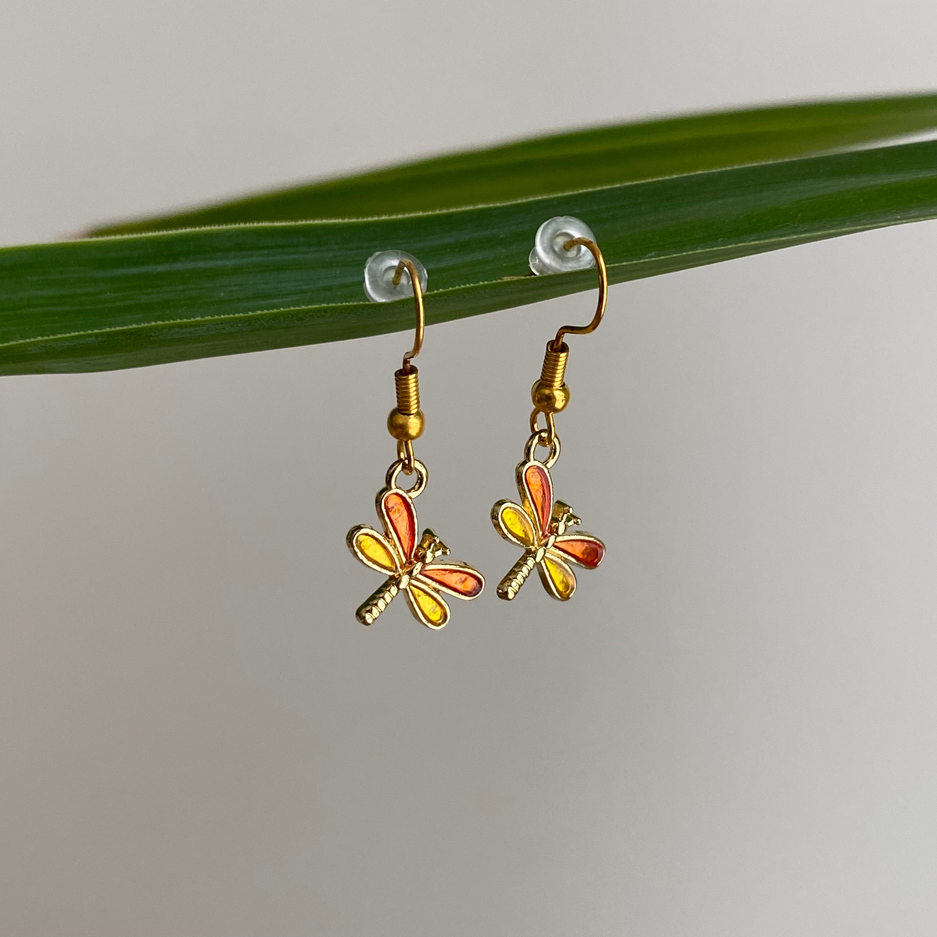 Orange/Yellow Dragonfly Enamel Dangle Earrings