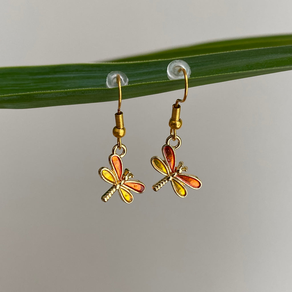 Orange/Yellow Dragonfly Enamel Dangle Earrings