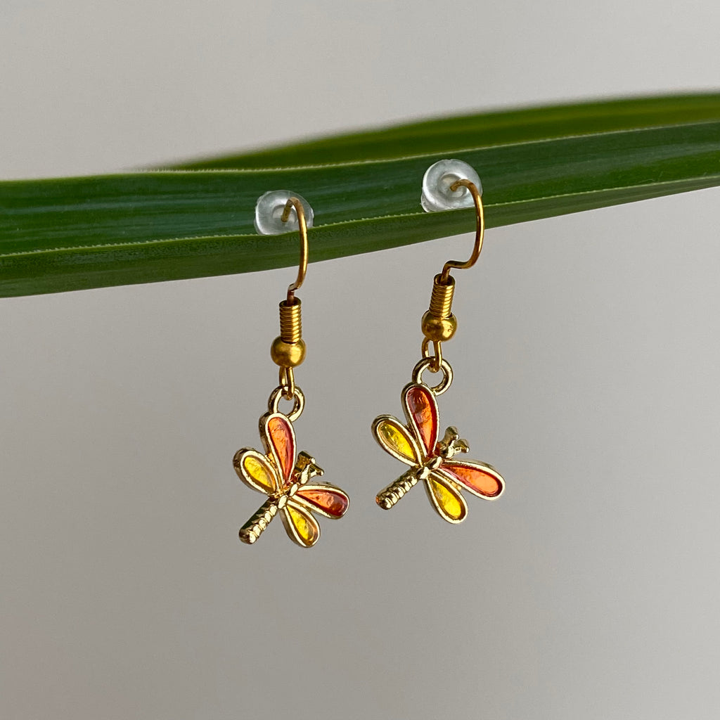 Orange/Yellow Dragonfly Enamel Dangle Earrings