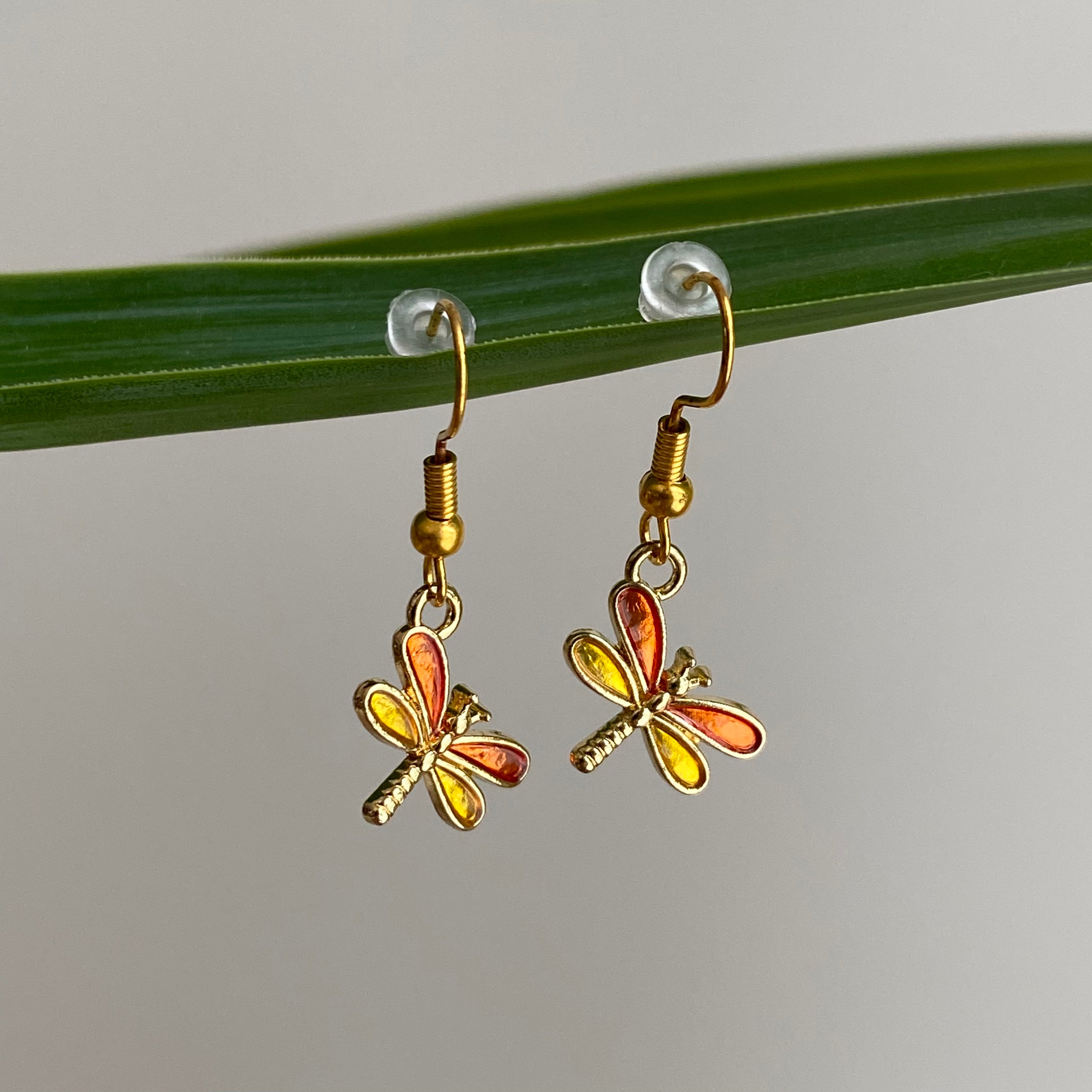 Orange/Yellow Dragonfly Enamel Dangle Earrings