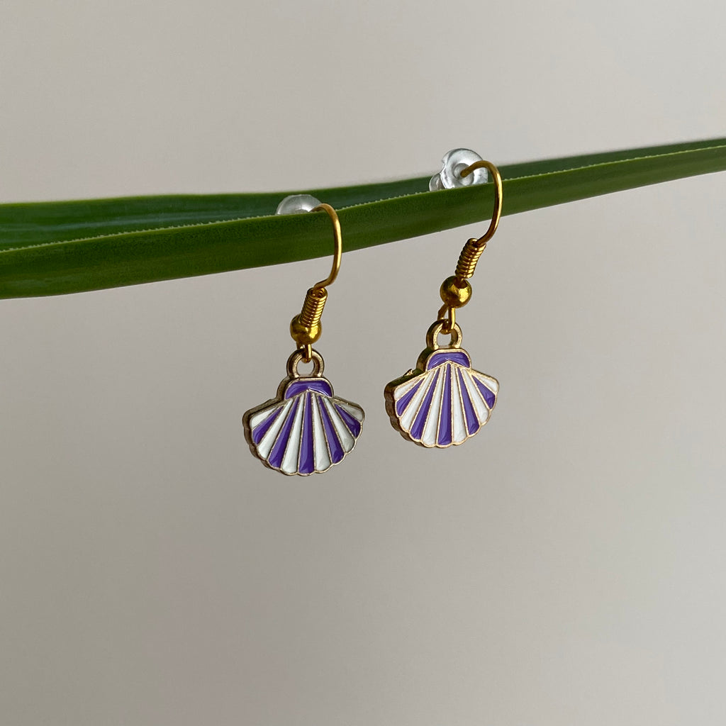 Purple/White Striped Seashell Dangle Earrings