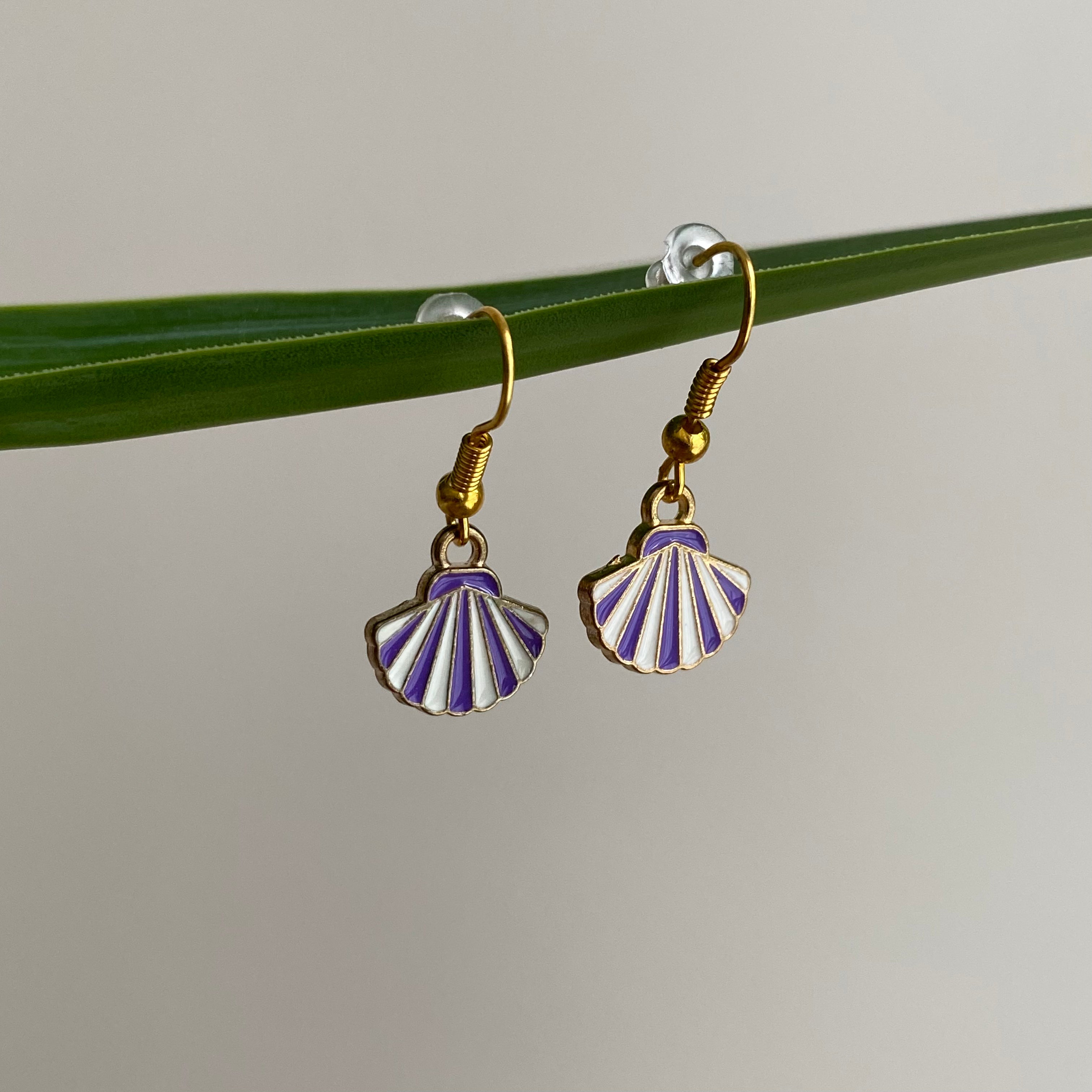 Purple/White Striped Seashell Dangle Earrings